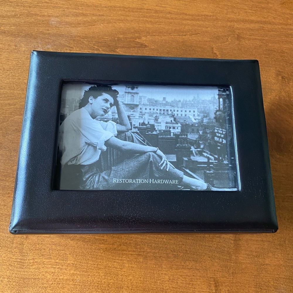 Restoration Hardware black leather storage box with photo space